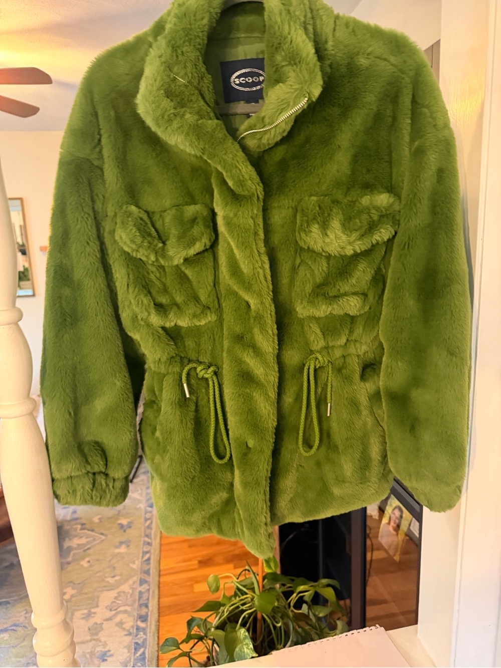 Scoop Plush Olive Green Faux Fur Drawstring Jacket